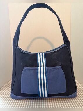 Lands' End Large Canvas Bag Hobo Zip Top Hobo Shoulder Bag, Blue Stripe Vintage
